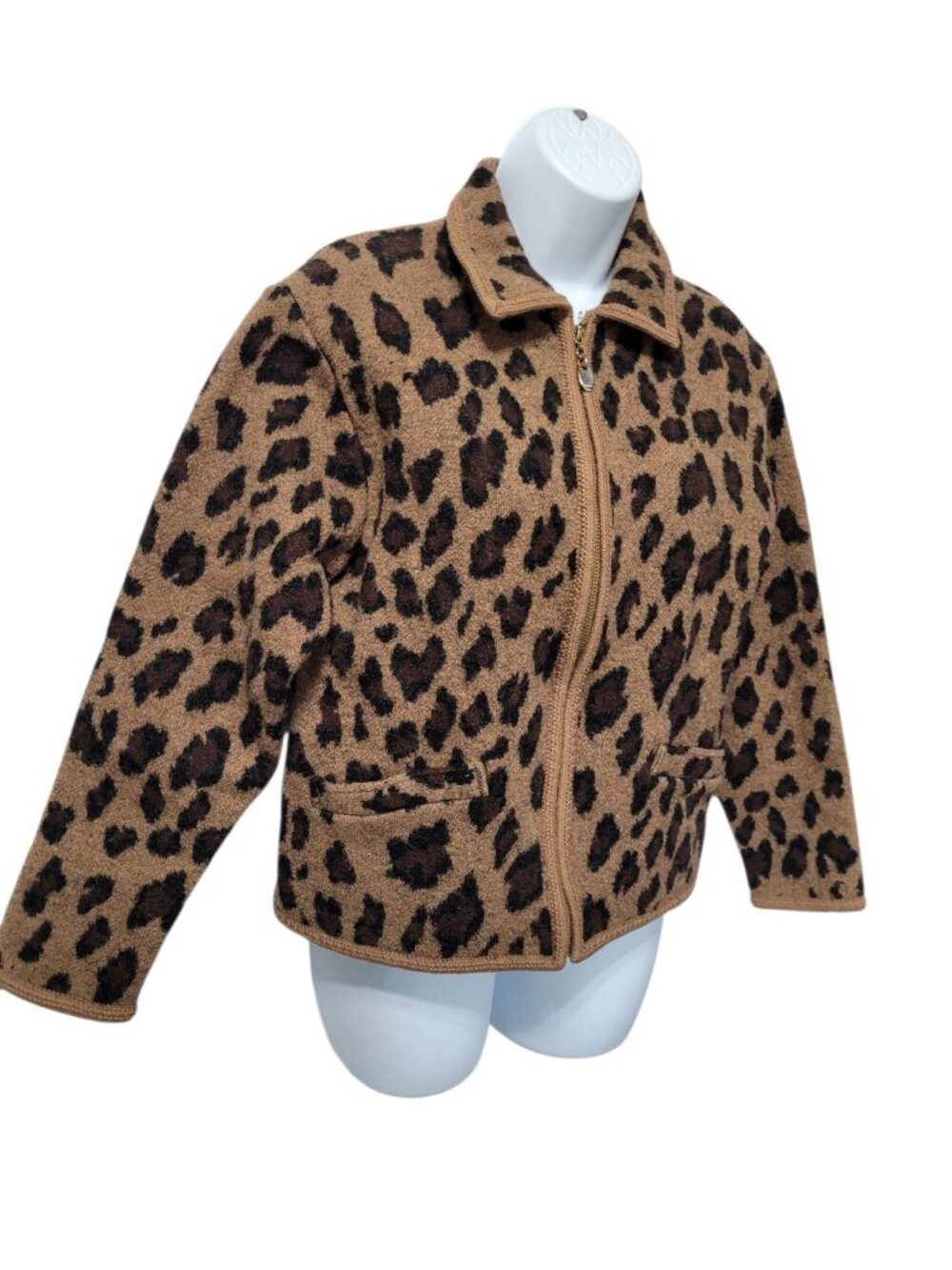 Vintage Lisa International Jacket M Boiled Wool Animal Print Full Zip Pockets - Picture 9 of 11